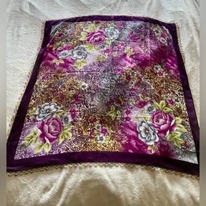 Boho chic Turkish silk scarf purple floral handmade needle lace
